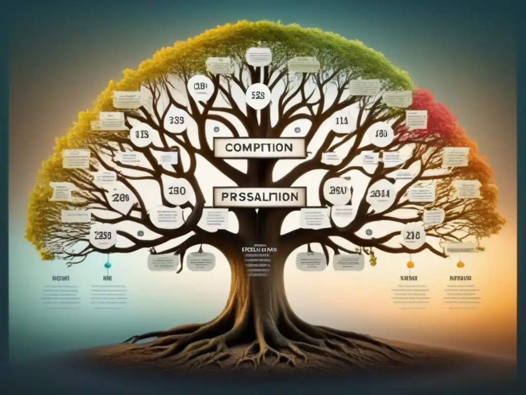 Un detallado árbol genealógico sepia que ilustra la evolución y desaparición de apellidos por leyes históricas en familias