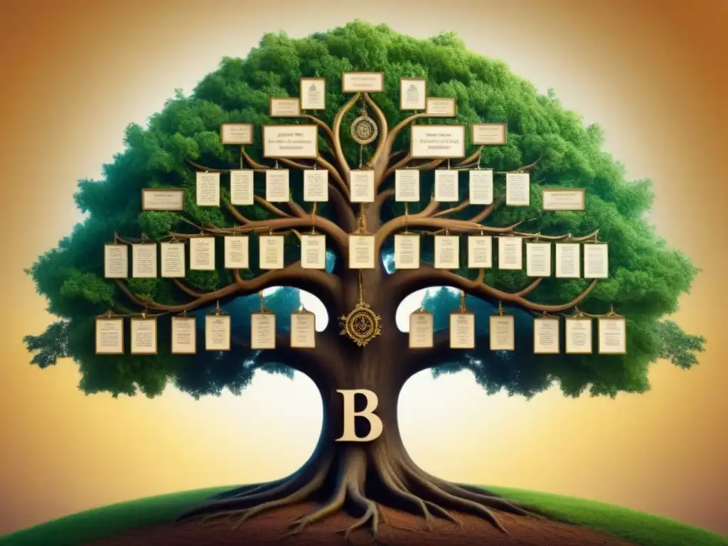 Detallado árbol genealógico con apellidos con B, representando la historia y conexiones familiares