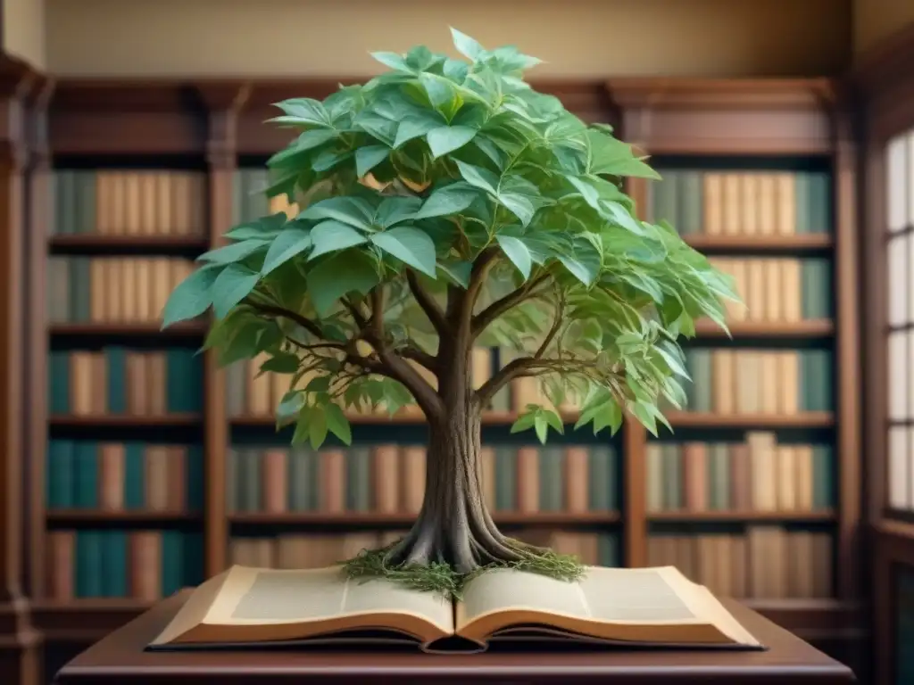 Detallado árbol genealógico en una biblioteca histórica con antiguas fotografías de ancestros