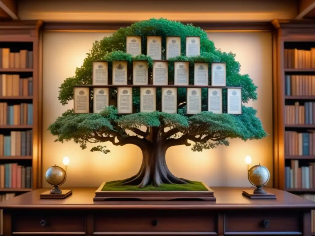 Árbol genealógico sepia con caligrafía y fotos antiguas Un detallado árbol genealógico sepia con caligrafía detallada y fotos antiguas, en una biblioteca antigua