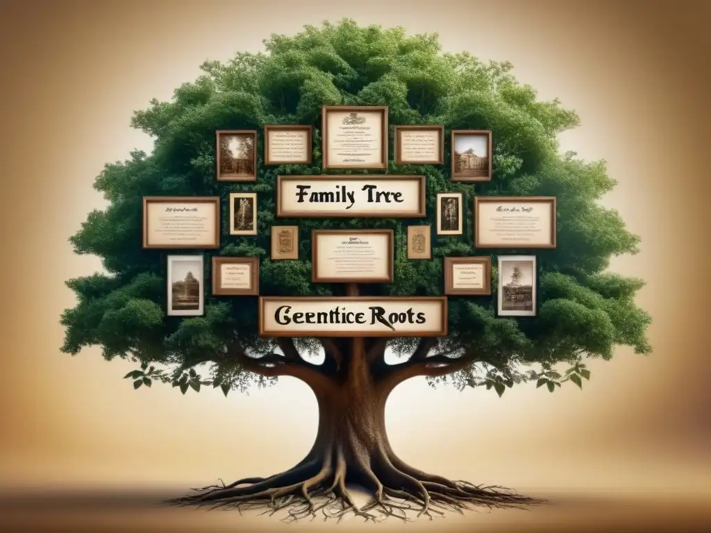 Detallado árbol genealógico vintage, conexiones genealógicas a través de ADN