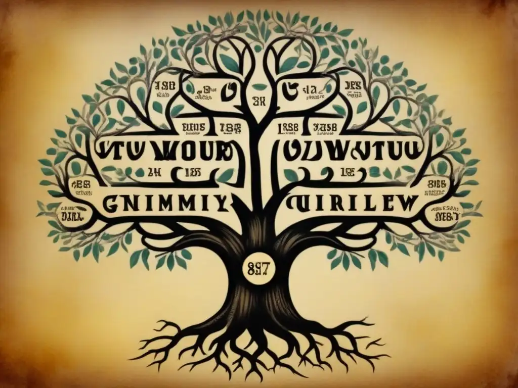 Detallado árbol genealógico dibujado a mano en pergamino envejecido