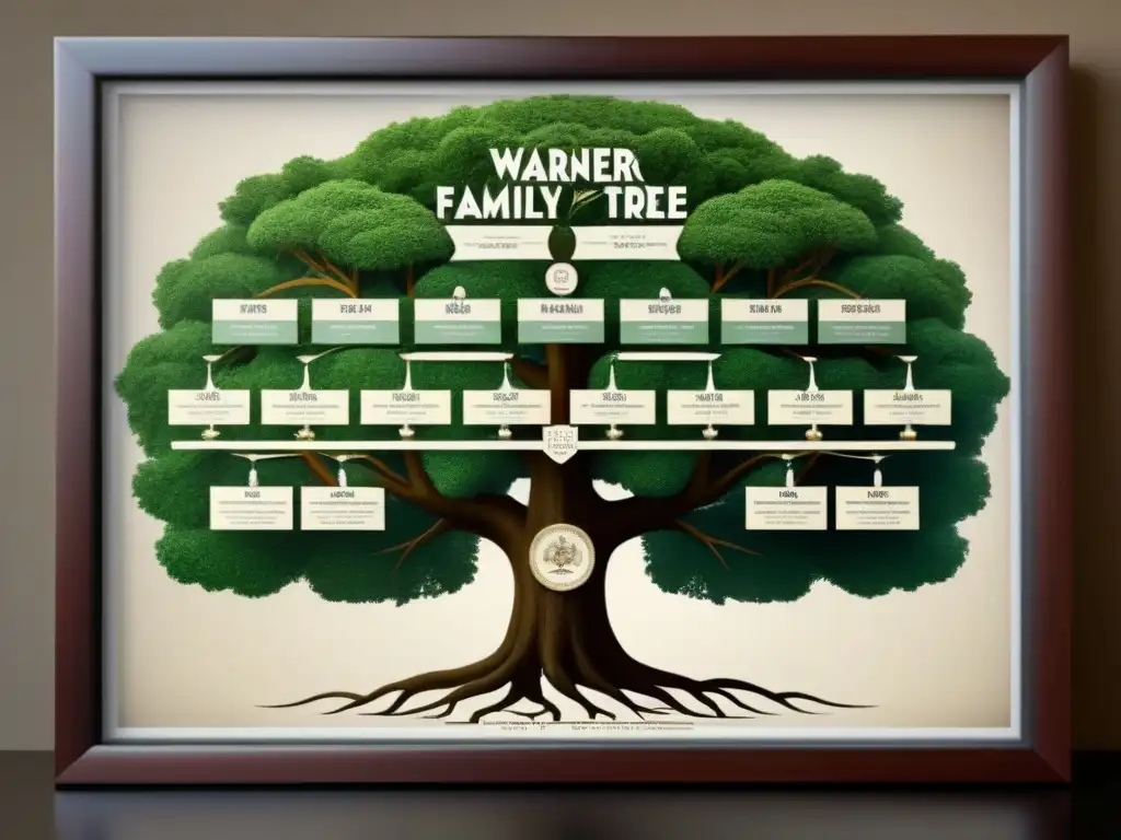 Un detallado árbol genealógico de la familia Warner desde 1900 hasta hoy, con fotos, eventos históricos y pósters de Warner Bros