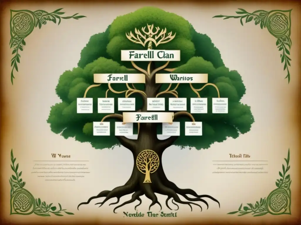 Un detallado árbol genealógico de la familia Farrell en Irlanda, con caligrafía y nudos celtas