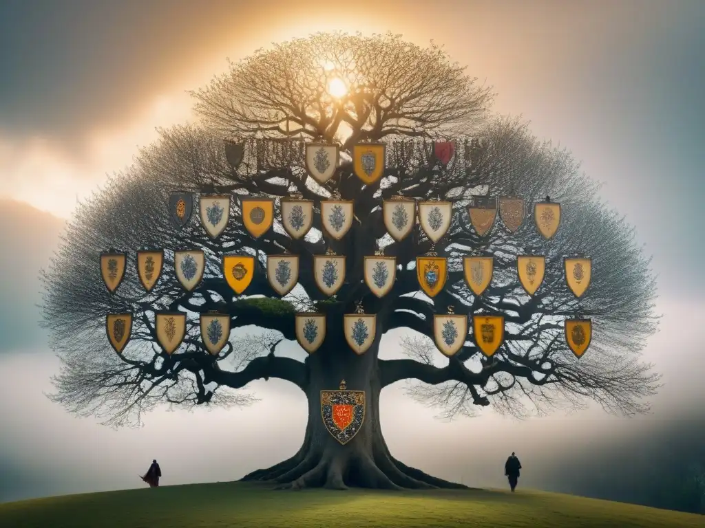 Detallado árbol genealógico de la familia Espoz, con escudos y nombres en caligrafía, evocando historia y linaje