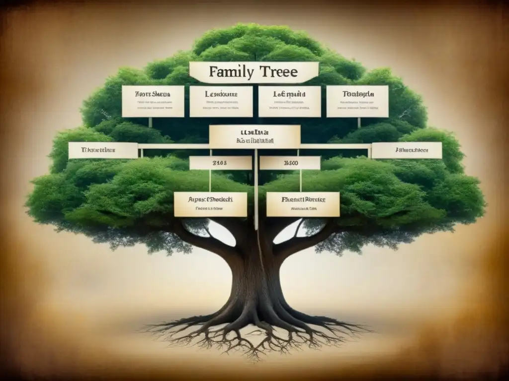 Detallado árbol genealógico de la familia Ledesma, con ramas que se extienden a eventos históricos en pergamino envejecido