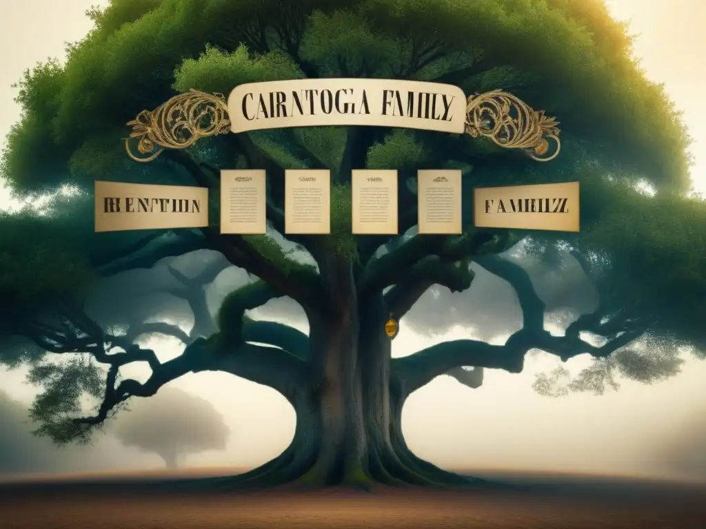 Detallado árbol genealógico de la familia Carranza en tonos sepia, con elegante caligrafía