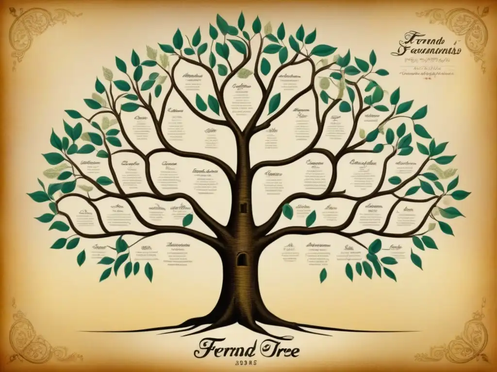 Detallado árbol genealógico familiar vintage de los Ferrand en Francia, con caligrafía elegante e ilustraciones de hitos históricos