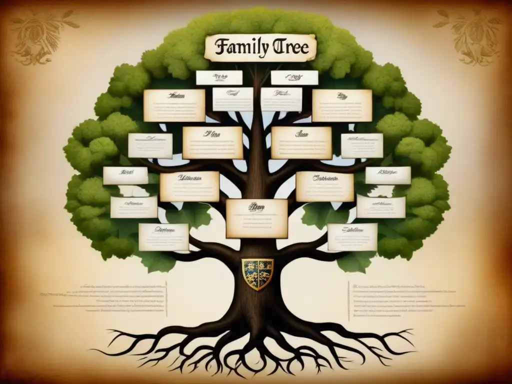 Un detallado árbol genealógico, con historia de apellidos y linajes, sobre pergamino envejecido con inscripciones en tinta