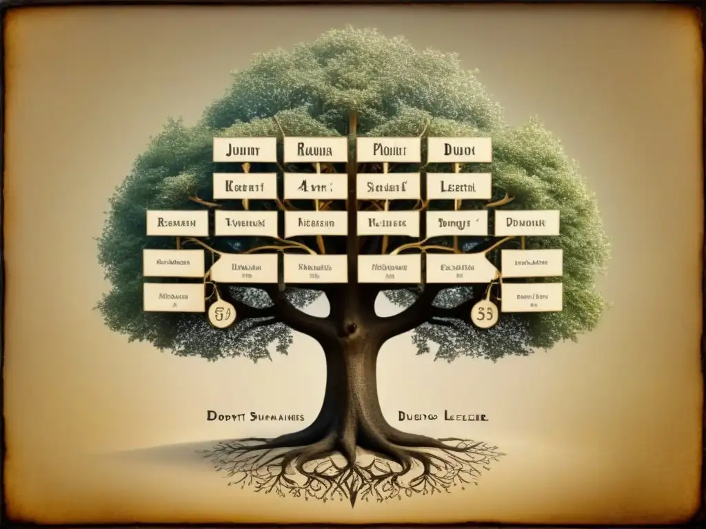 Un detallado árbol genealógico vintage muestra la historia de apellidos belgas como Dupont, Dubois y Leclerc con caligrafía delicada y tonos sepia