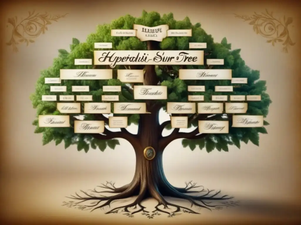 Árbol genealógico de la familia Ulises: legado histórico Detallado árbol genealógico de la historia del apellido Ulises, con elementos simbólicos en un papel pergamino envejecido