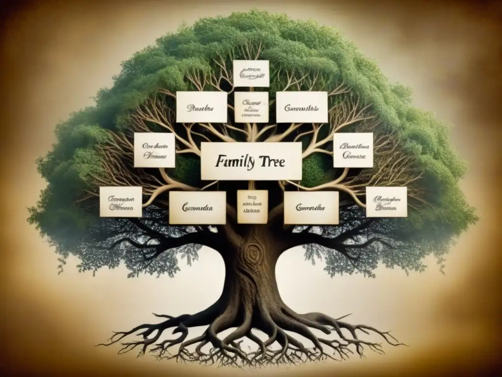 Detallado árbol genealógico ilustrado en sepia sobre pergamino, mostrando origen y evolución de apellidos