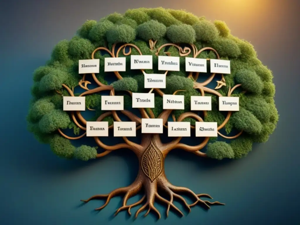 Un detallado árbol genealógico inspirado en el pasado, con diversos apellidos conectados, simbolizando la riqueza de la herencia familiar