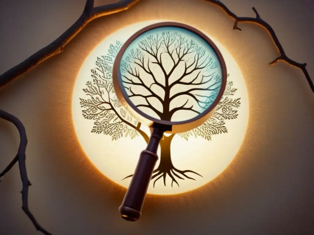 Descubre tus raíces: Árbol genealógico detallado con ADN Detallado árbol genealógico con lupa resaltando conexiones ancestrales, ADN entrelazado