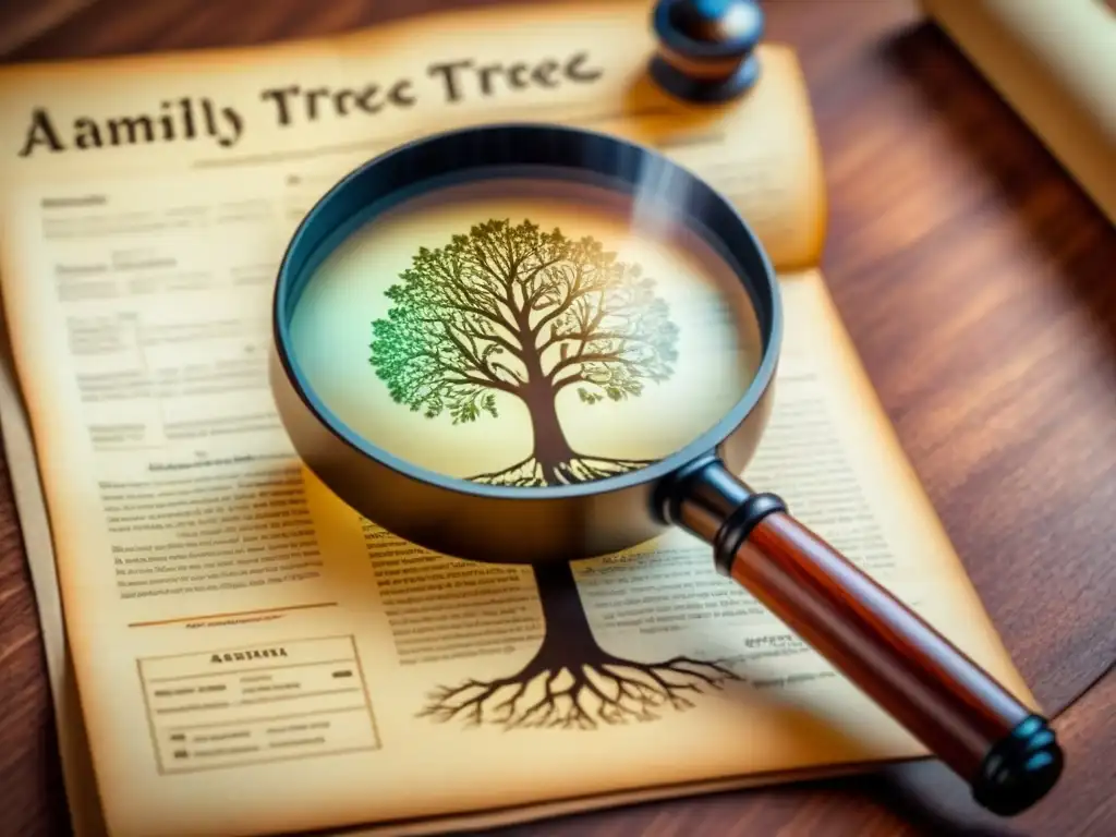 Árbol genealógico detallado: genealogía y ADN Detallado árbol genealógico con lupa, reflejando precisión en pruebas de ADN genealógico