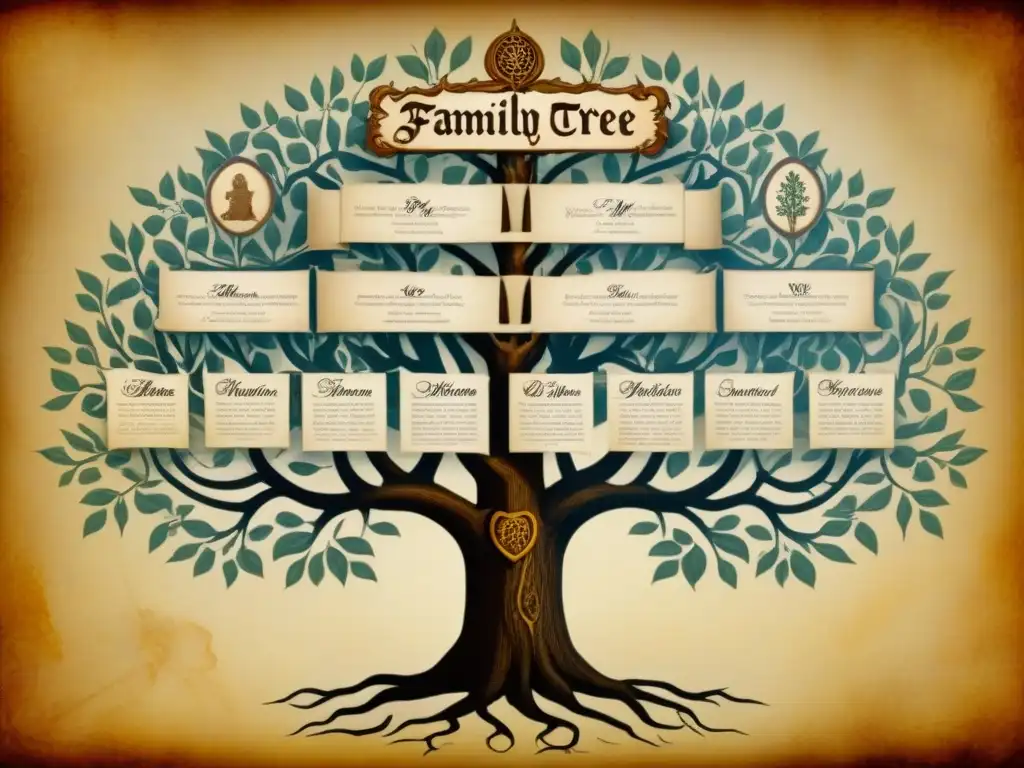 Detallado árbol genealógico medieval con historia de apellidos evolución genealogía linajes