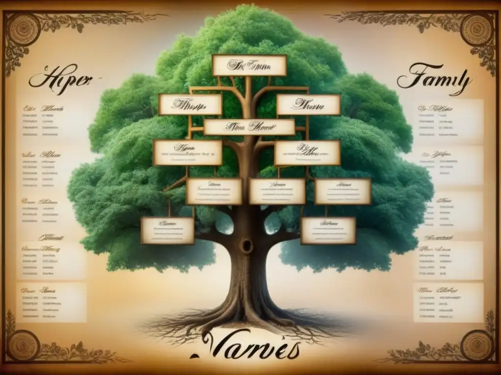 Árbol genealógico sepia detallando evolución de apellidos Un detallado árbol genealógico sepia que muestra el origen y evolución de apellidos a lo largo de siglos, con caligrafía delicada detallando cada cambio de nombre y contexto histórico