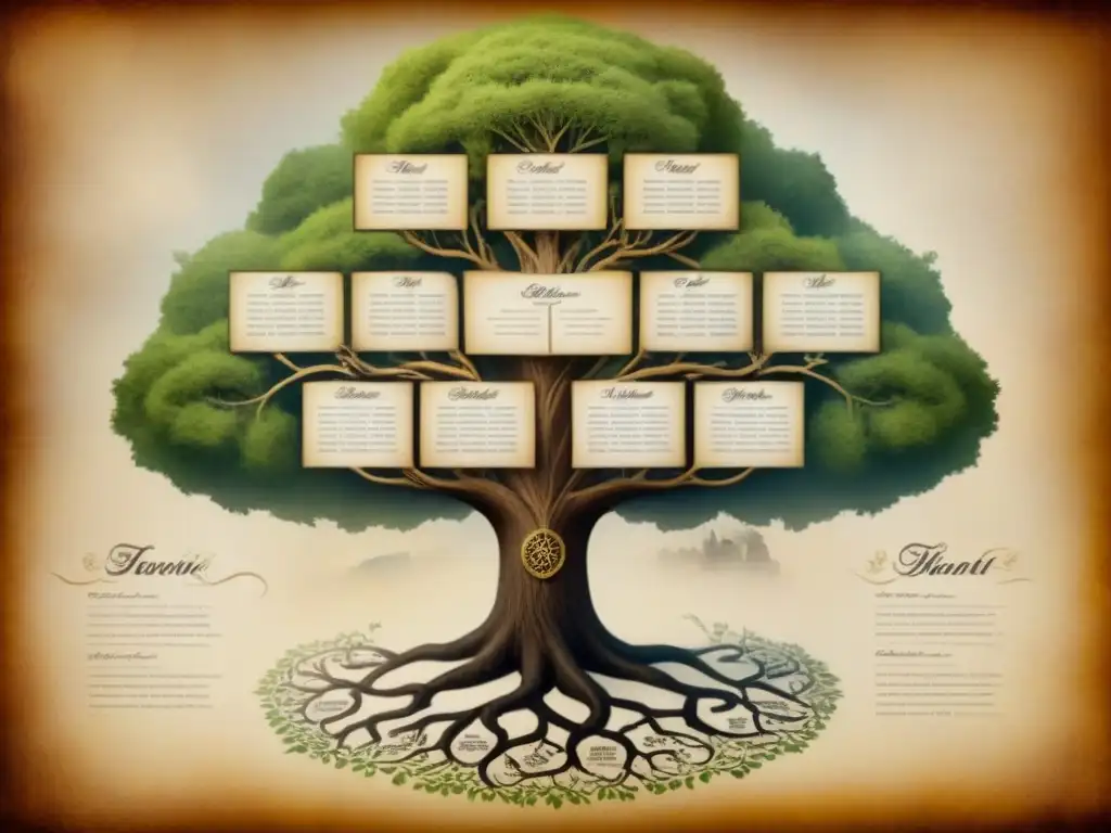 Un detallado árbol genealógico en pergamino antiguo, revelando una rica historia de apellidos y genealogía