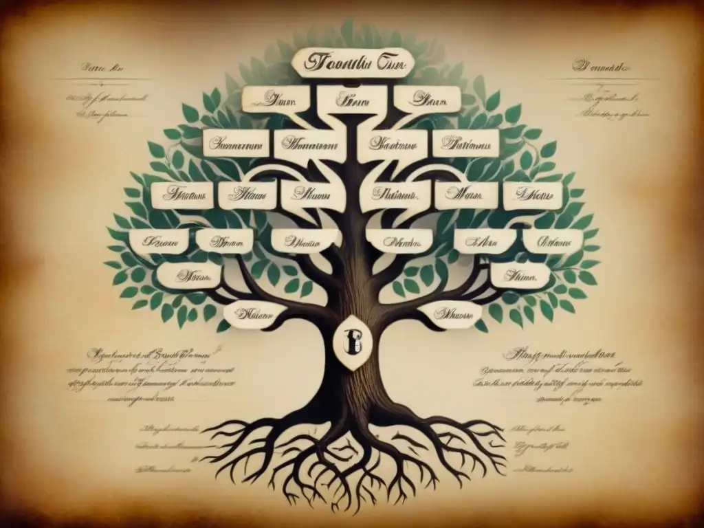 Un detallado árbol genealógico en sepia sobre pergamino envejecido, con nombres y fechas en caligrafía, simbolizando la historia de apellidos y ADN