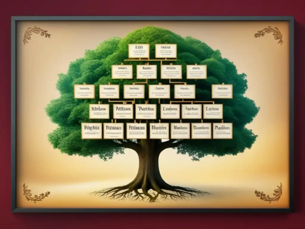 Un detallado árbol genealógico vintage que muestra el origen y significado de apellidos con caligrafía elaborada