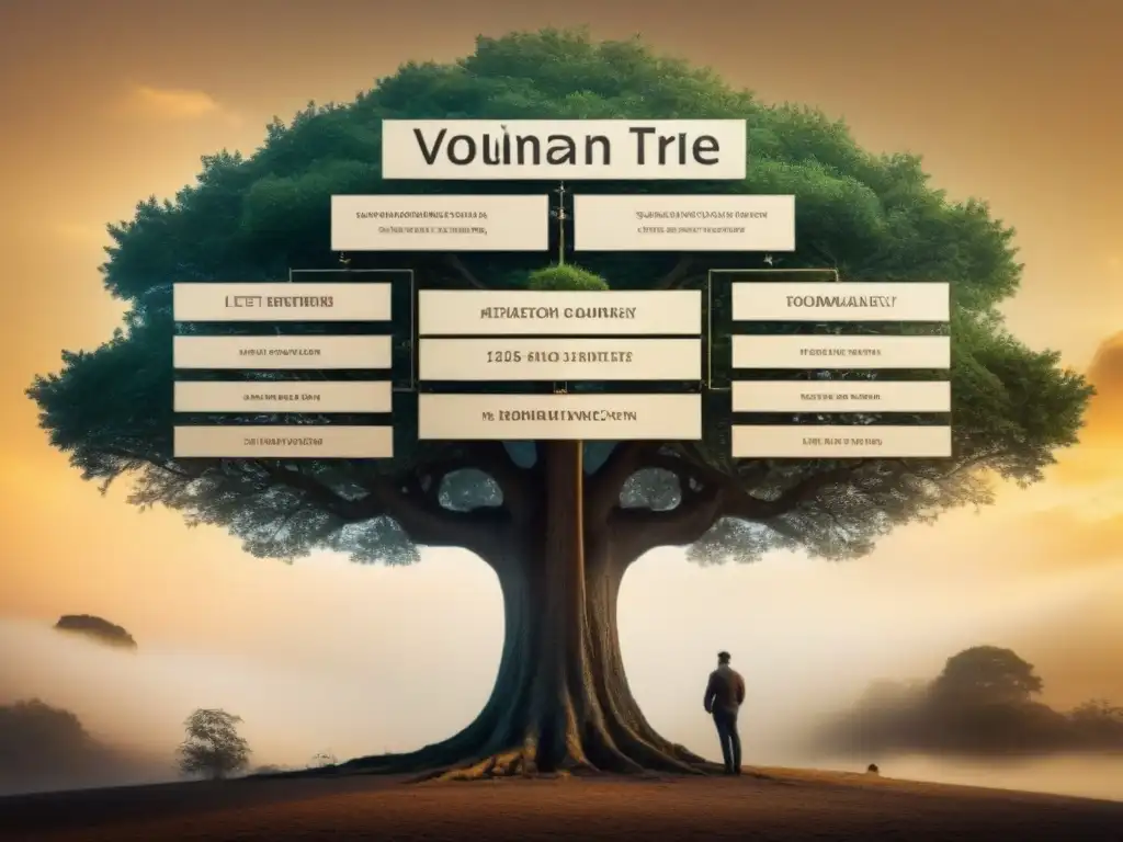 Un detallado árbol genealógico vintage mostrando la evolución y conexiones de apellidos que inician con la letra 'M', con caligrafía intrincada y tonos sepia desvanecidos para evocar una sensación de historia y linaje