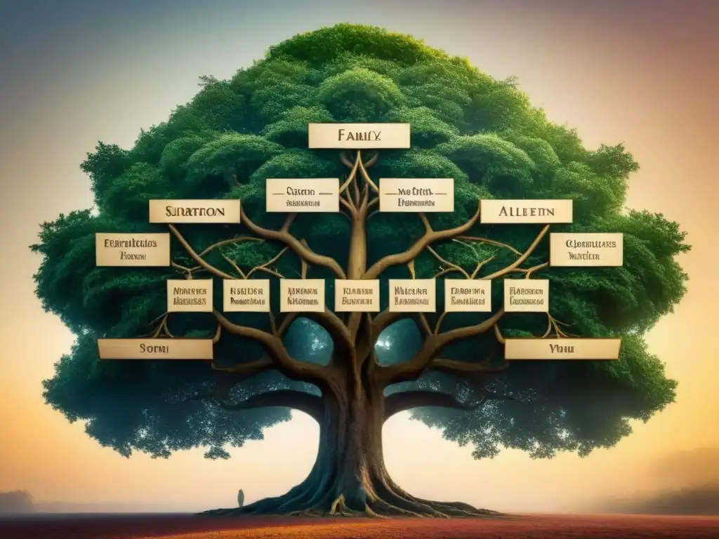 Un detallado árbol genealógico vintage que muestra la evolución de apellidos a lo largo de generaciones