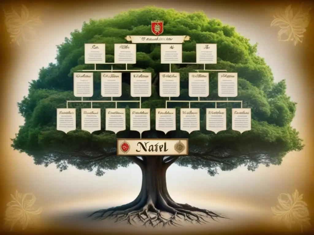 Un detallado árbol genealógico vintage de la historia del apellido Nadal, con tonos sepia, caligrafía ornamental e ilustraciones de escudos familiares entrelazados con las ramas del árbol