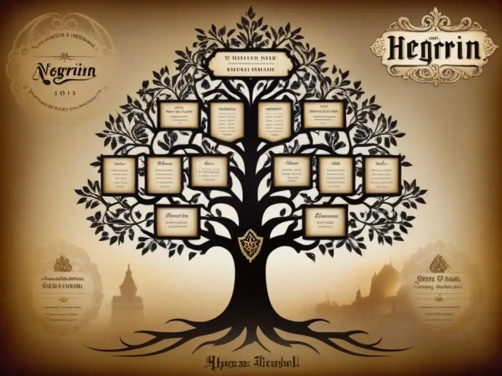 Un detallado árbol genealógico vintage de la historia del apellido Negrín en tonos sepia envejecidos