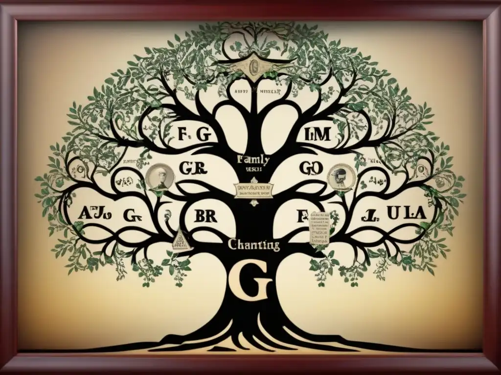 Árbol genealógico vintage de linajes aristocráticos con la letra 'G' Un detallado árbol genealógico vintage de apellidos aristocráticos con la letra 'G', ilustrado con caligrafía ornamental y retratos históricos