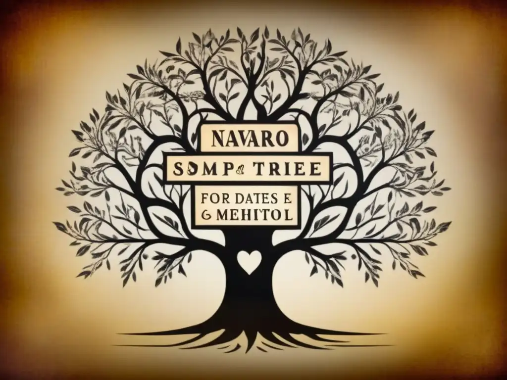 Un detallado árbol genealógico vintage de la familia Navarro con caligrafía intrincada y tonos sepia, mostrando la historia del apellido Navarro genealogía