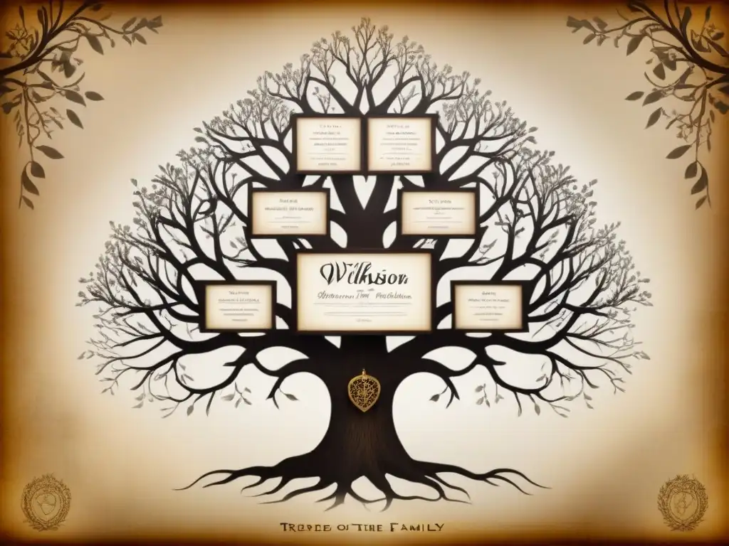 Un detallado árbol genealógico vintage de la familia Wilkinson, con tonos sepia y caligrafía delicada detallando cada antepasado