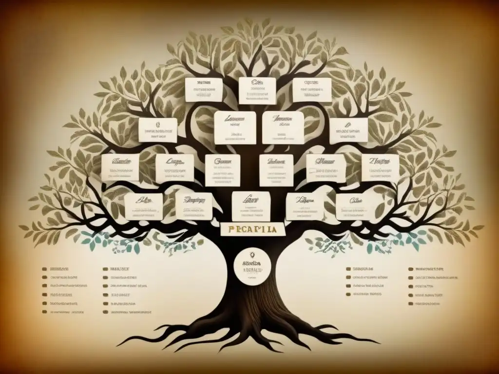 Un detallado árbol genealógico vintage de la familia Peralta, con ramas intrincadas, caligrafía ornamental y tonos sepia que evocan historia y linaje