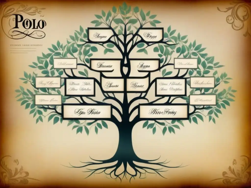 Un detallado árbol genealógico vintage de la familia Polo, con ilustraciones y caligrafía antigua que realzan la historia de apellidos y linajes