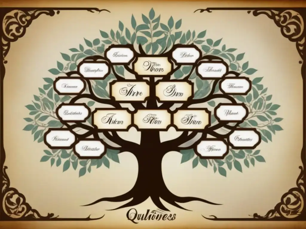 Detallado árbol genealógico vintage de los apellidos 'Quispe' a 'Quiñones', con elegante caligrafía y símbolos ancestrales