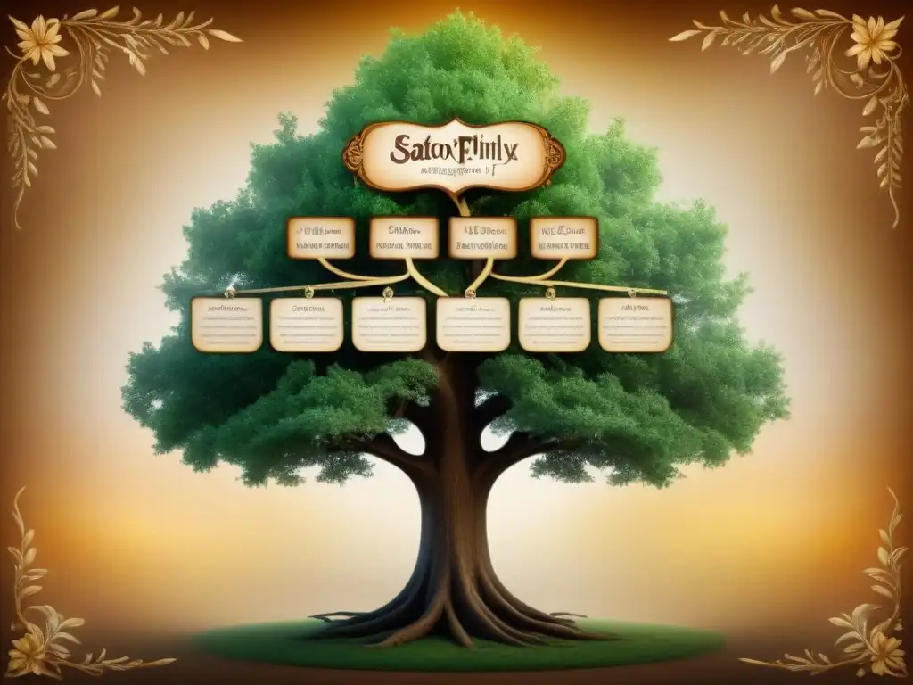 Un detallado árbol genealógico vintage de la familia Saxton, con ilustraciones y caligrafía representando tradiciones y oficios familiares