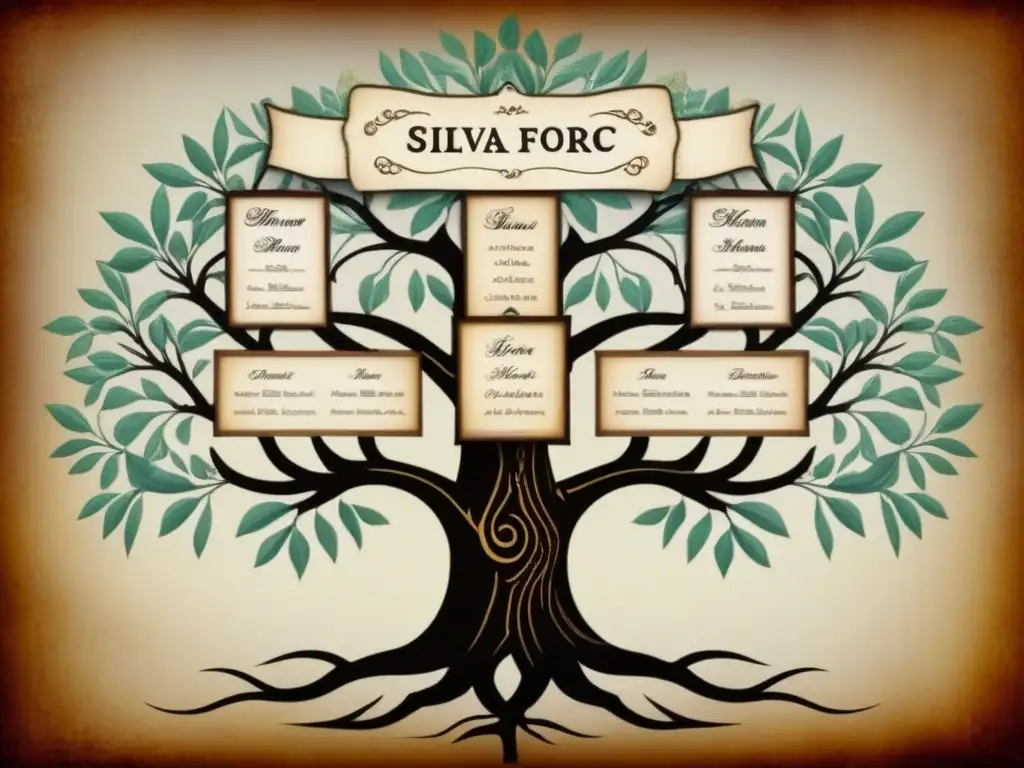 Un detallado árbol genealógico vintage de la familia Silva, con caligrafía ornamental y motivos florales, evocando la herencia y tradición