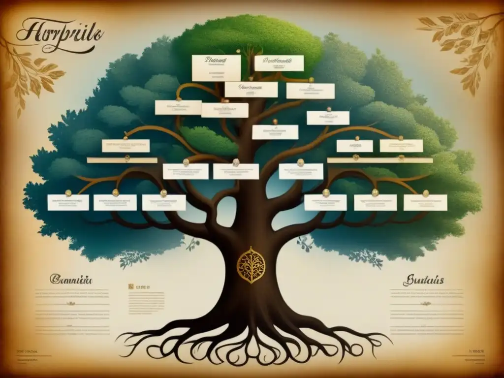 Un detallado árbol genealógico vintage mostrando los orígenes de apellidos con la letra 'T'