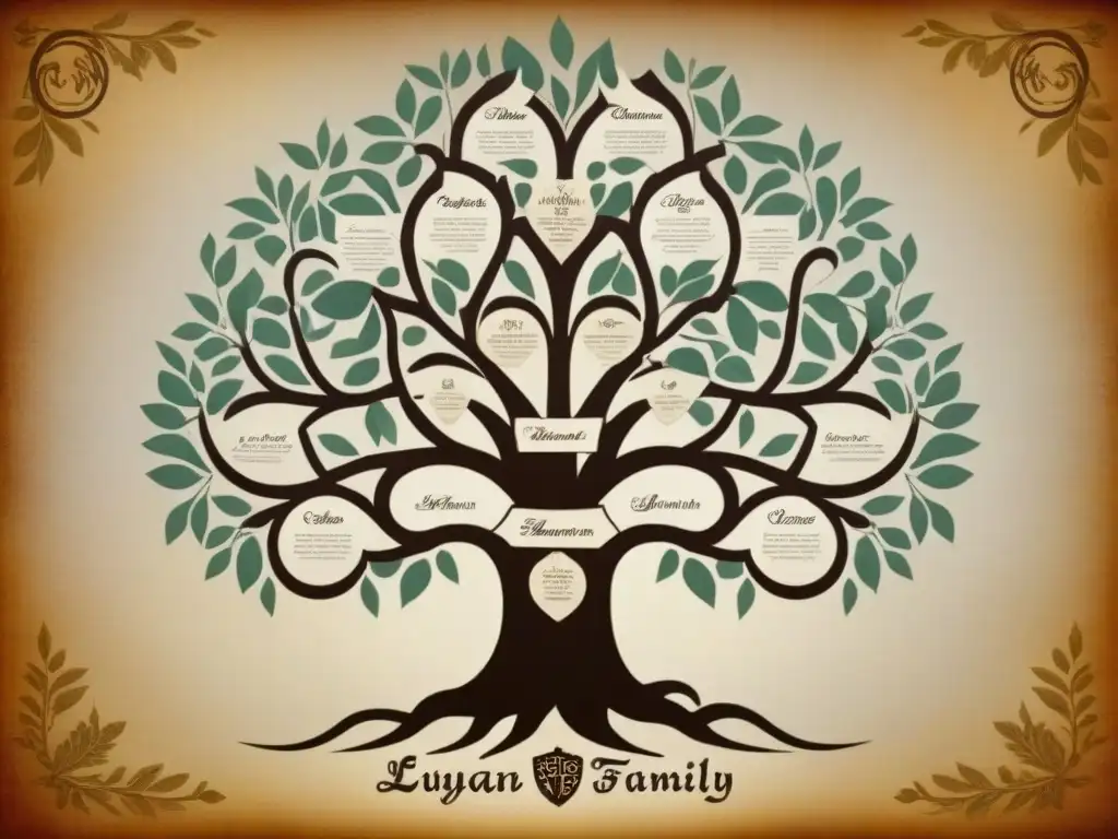 Detallado árbol genealógico vintage de la familia Luján a lo largo de los siglos, historia del apellido Luján