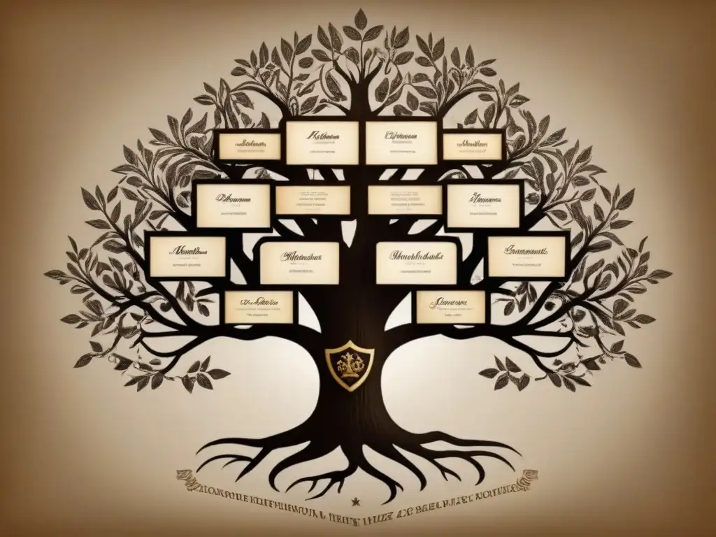 Árbol genealógico de la familia Yáñez: un legado ancestral Un detallado árbol genealógico vintage de la familia Yáñez con conexiones históricas