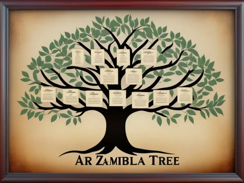 Un detallado árbol genealógico vintage de la familia Zambrano, con caligrafía delicada y un toque antiguo