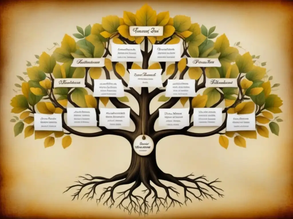 Un detallado árbol genealógico vintage de la familia Acosta, dibujado a mano en pergamino envejecido, con ancestros y símbolos históricos