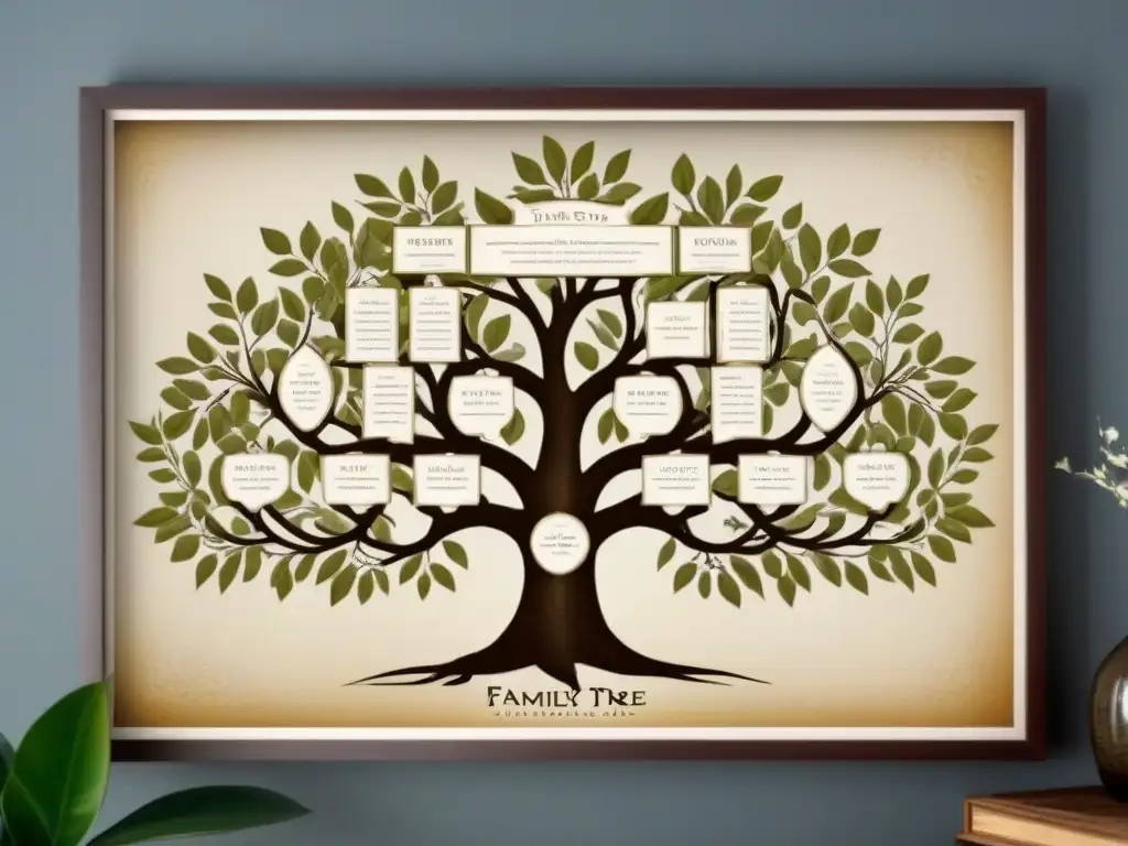 Un detallado árbol genealógico vintage con caligrafía y tonos sepia, evocando historia de apellidos y genealogía