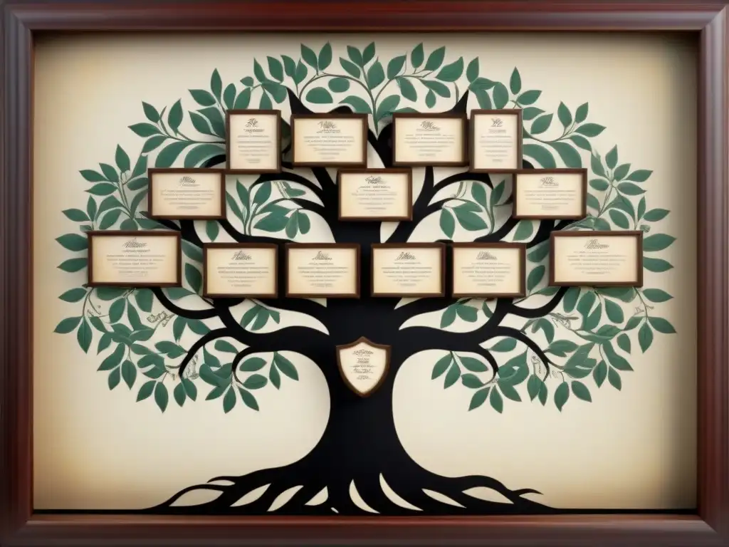 Detallado árbol genealógico vintage con caligrafía ornamental y nombres de familia del siglo XX entrelazados con eventos históricos