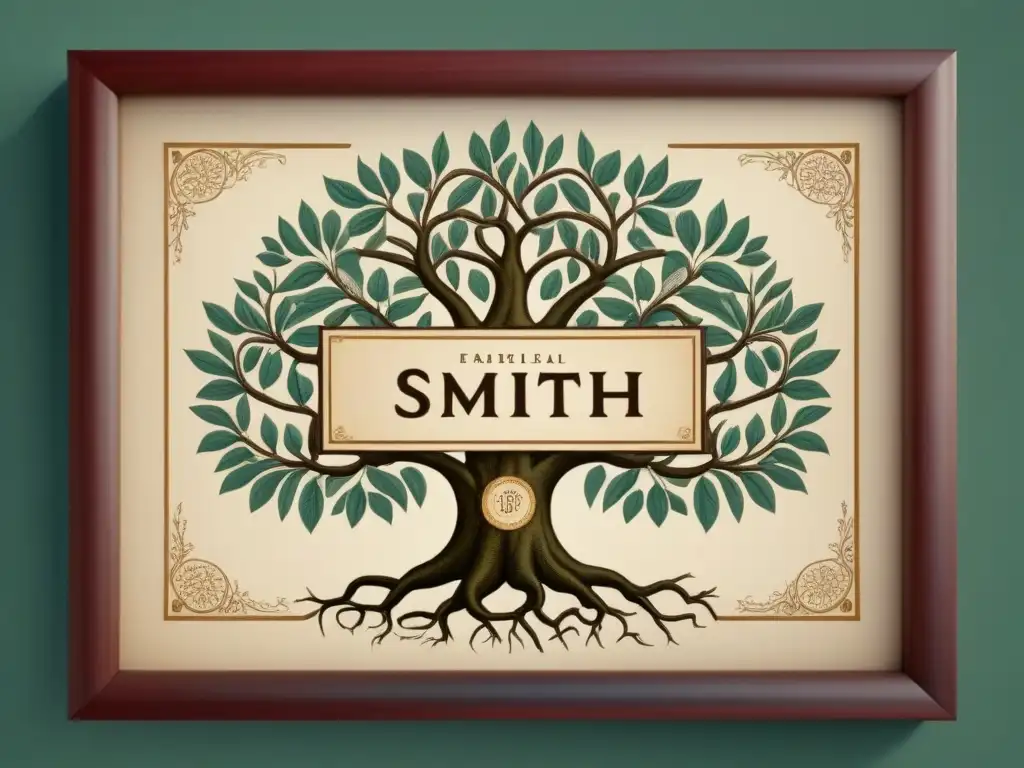 Detallado árbol genealógico vintage con apellidos comunes como Smith, García, Johnson y Lee entrelazados en elegante caligrafía