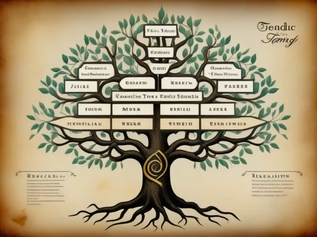 Detallado árbol genealógico vintage en pergamino, mostrando historia apellidos evolución genética