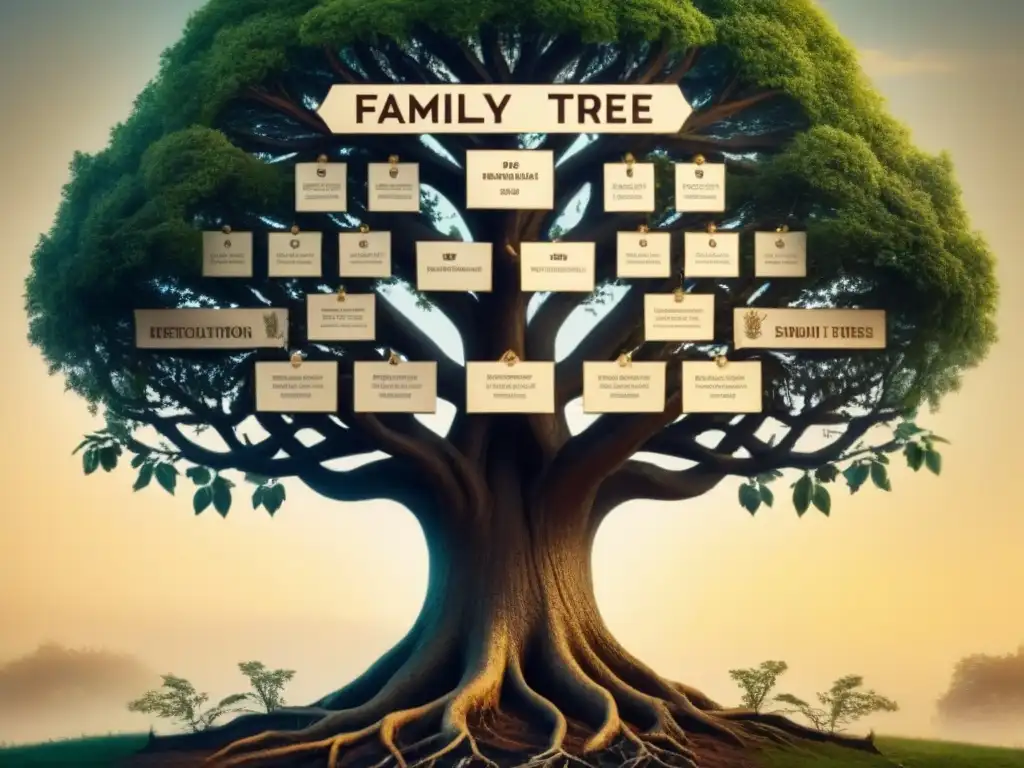 Detallado árbol genealógico vintage en tonos terrosos, simbolizando la historia de apellidos y evolución genética