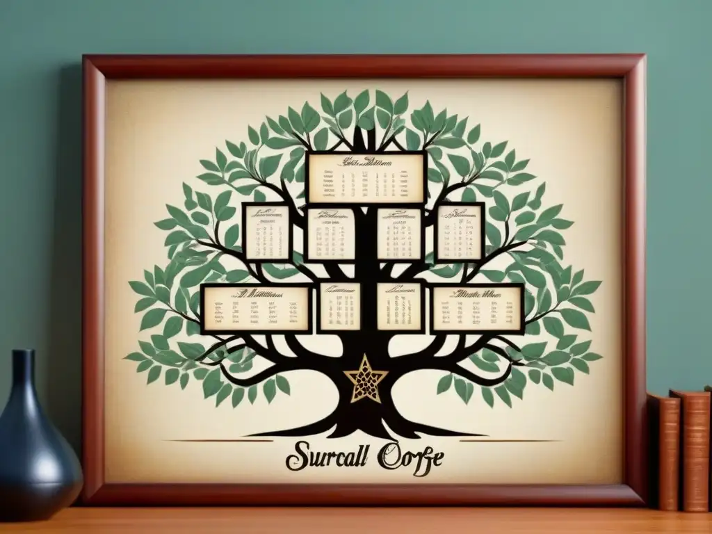 Un detallado árbol genealógico vintage con historia de apellidos en caligrafía, ilustraciones de casas y escudos, en pergamino antiguo