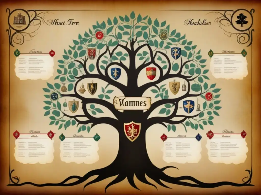 Un detallado árbol genealógico vintage que muestra la evolución de apellidos a lo largo de guerras históricas