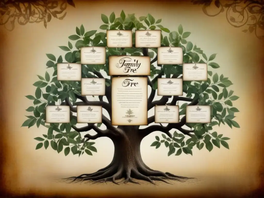 Un detallado árbol genealógico vintage con caligrafía ornamental y bordes intrincados