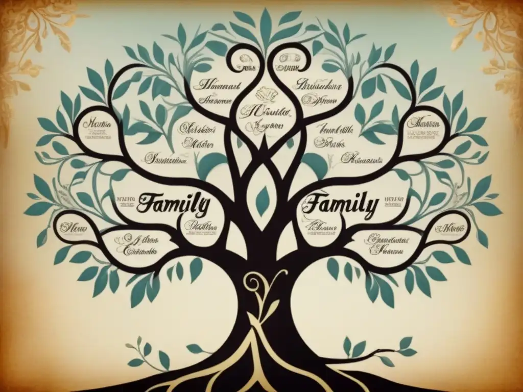 Detallado árbol genealógico vintage con nombres de familia en caligrafía, historia del apellido genealogía expertos